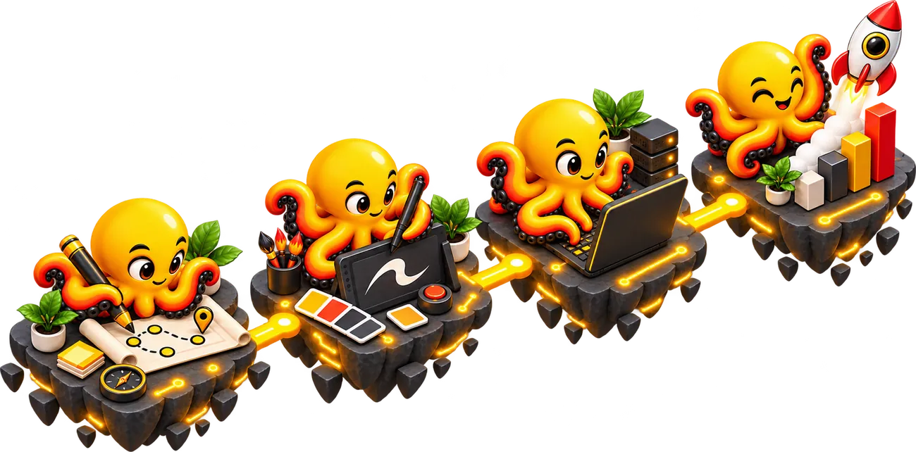 Four small isometric islands in a row: the octopus planning, designing, building and launching a rocket